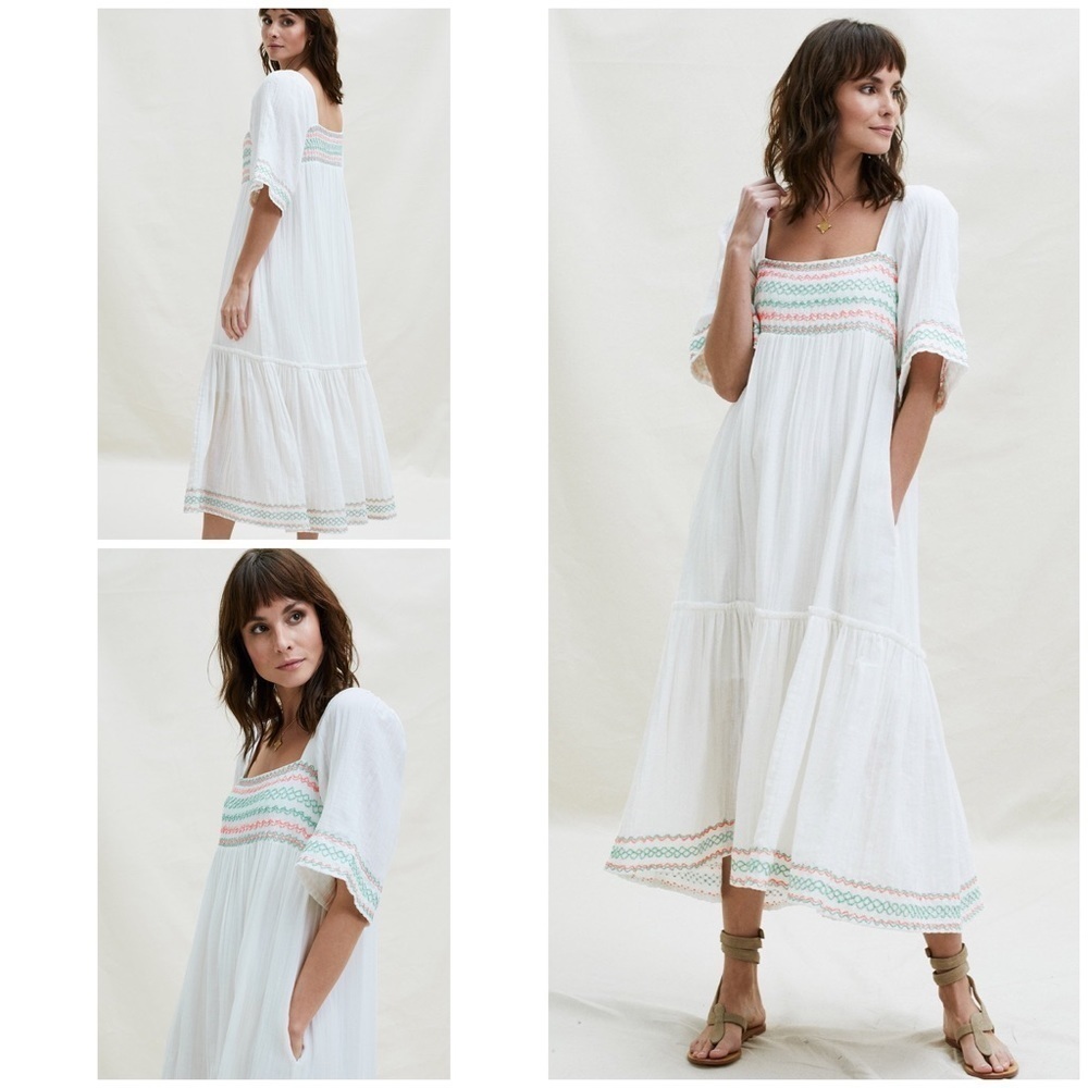 Aspiga Gracie Embroidered Organic Cotton Boho White  Midi Dress Medium​​​​​